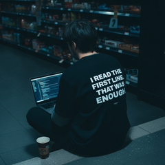 I read the first line. that was enough t-shirt — Black, lifestyle photo