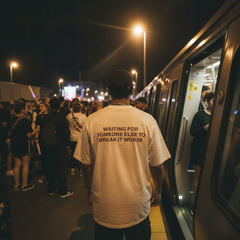 Waiting for someone else to break it worse t-shirt — White, lifestyle photo