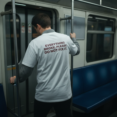 Everything broke. please do not fix it t-shirt — White, lifestyle photo