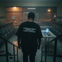 Capable of great things. not today though t-shirt — Black, lifestyle photo