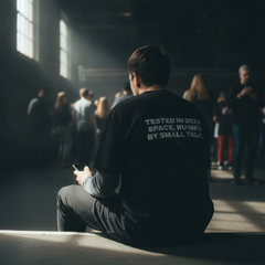 Tested in deep space. ruined by small talk t-shirt — Black, lifestyle photo