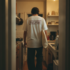 Tested in deep space. ruined by small talk t-shirt — White, lifestyle photo