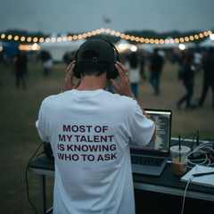 Most of my talent is knowing who to ask t-shirt — White, lifestyle photo